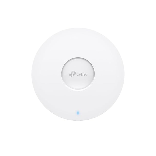 Punto de acceso TP-Link EAP650 redondo, blanco y fino visto desde abajo