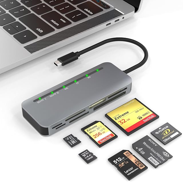 Lector multitarjeta Suejezt de aluminio con siete ranuras y un cable USB Type-C fijo