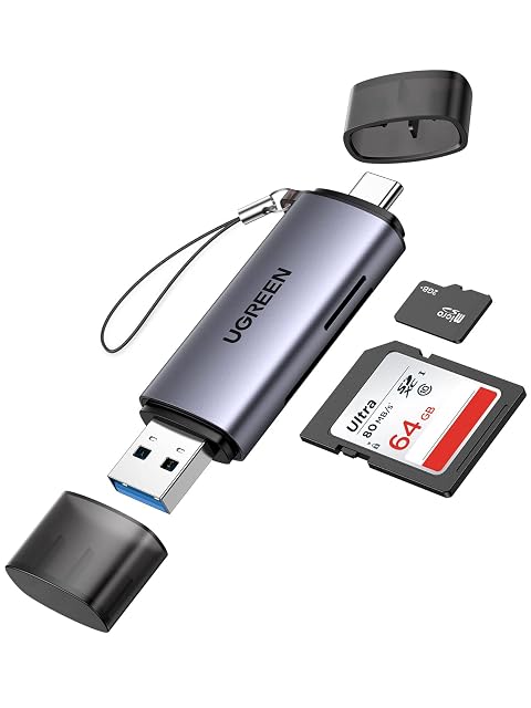Lector de tarjetas UGREEN 2 en 1 gris con una clavija USB Type-A, una clavija Type-C y ranuras SD y microSD