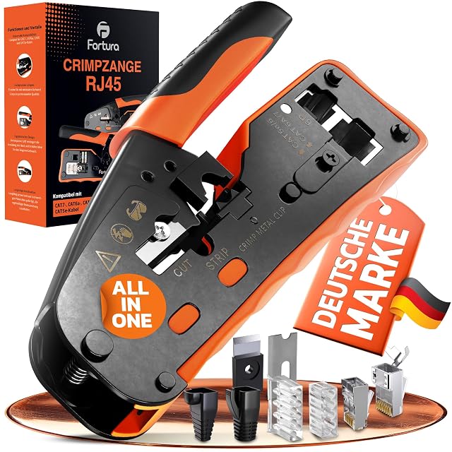 Alicate de engaste RJ45 Fortura con conectores, guías de inserción, capuchones y una cuchilla de repuesto