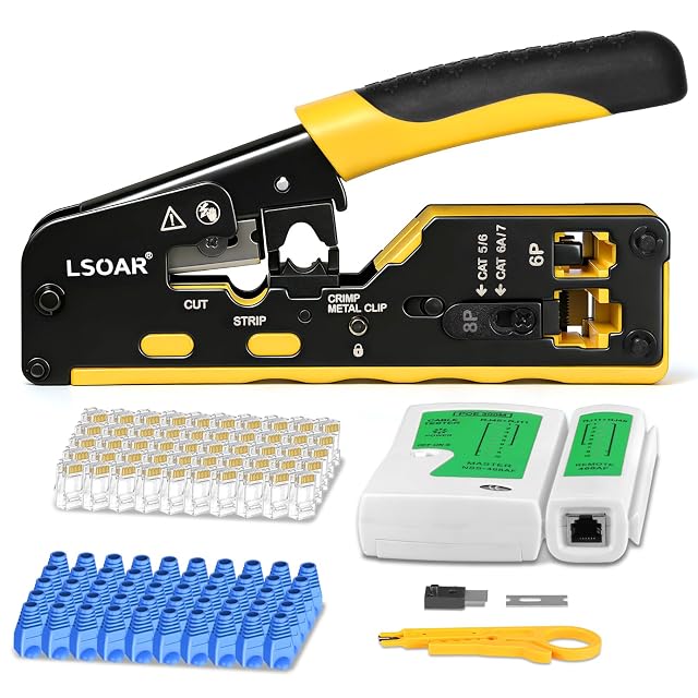 Alicate de engaste RJ45 pasante Lsoar con cincuenta conectores Cat6 y un minipelacables