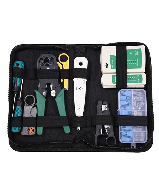 Kit de herramientas de red Xespis con alicate de engaste, comprobador de cables, pelacables y herramienta de inserción por impacto en una bolsa con cremallera