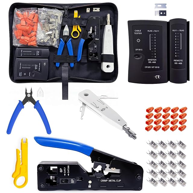 Kit de herramientas de red pasante Yavinane con alicate de engaste, comprobador, herramienta de inserción por impacto y conectores