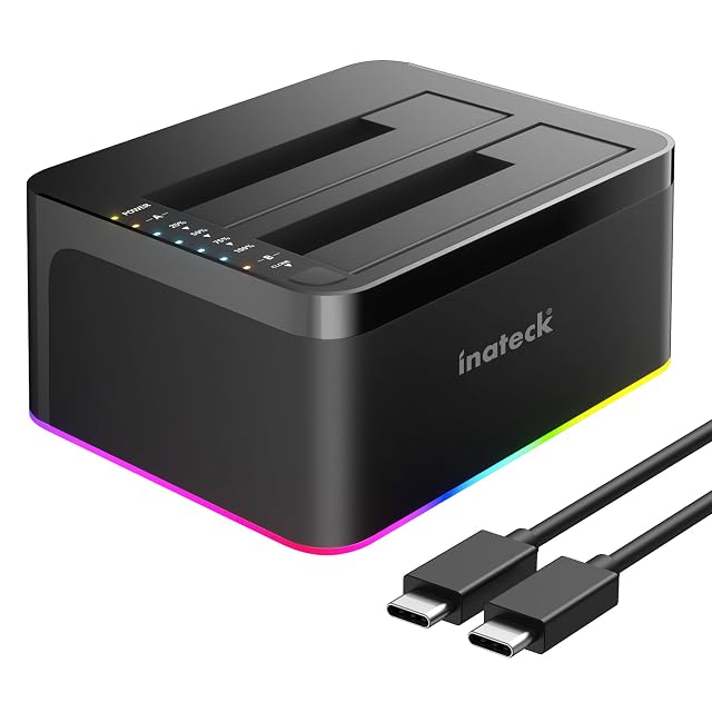Base de conexión Inateck negra de dos bahías con iluminación RGB y dos ranuras para unidades