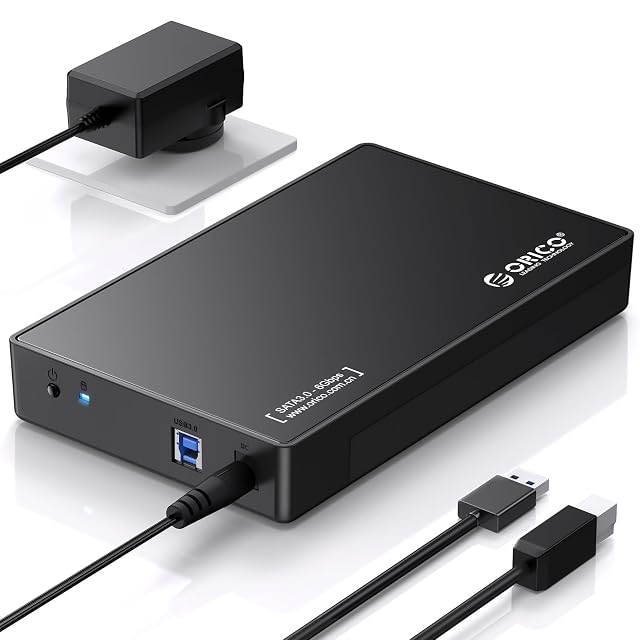 Carcasa para unidad de 3,5 pulgadas ORICO negra con un adaptador de red y un cable USB 3.0