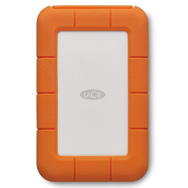 Disco duro externo portátil LaCie Rugged de 4 TB en una funda protectora naranja