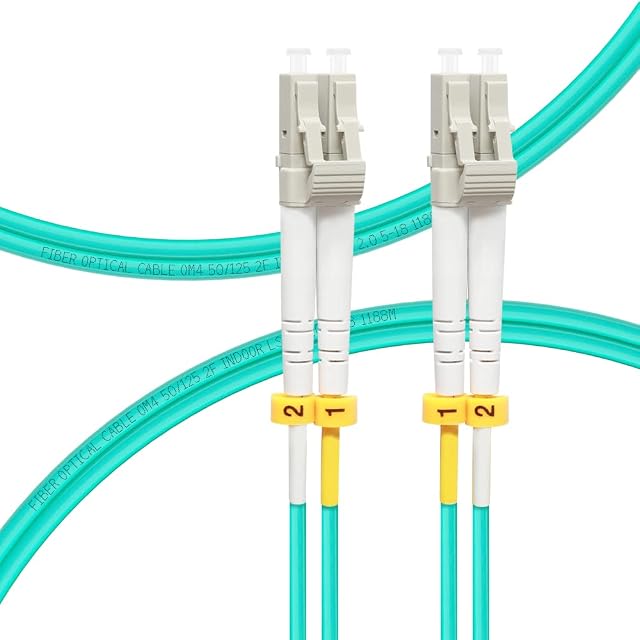 Latiguillo de fibra dúplex OM4 aguamarina FLYPROFiber con conectores LC y clips etiquetados A y B
