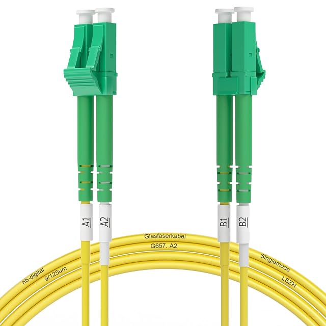 Latiguillo de fibra dúplex amarillo HB-DIGITAL con conectores LC/APC verdes en ambos extremos