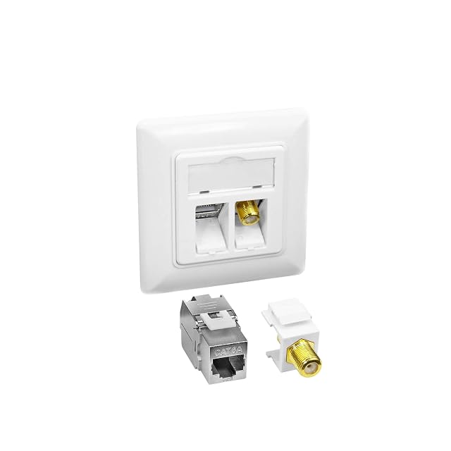 Toma de red empotrada blanca ProfiPatch con un puerto RJ45 y un conector F