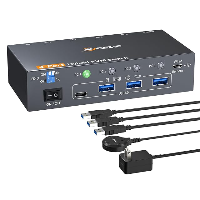 Conmutador KVM AOOCOO KC-401C-AO-DE de cuatro puertos con entradas DisplayPort, USB-C y HDMI y un mando con cable
