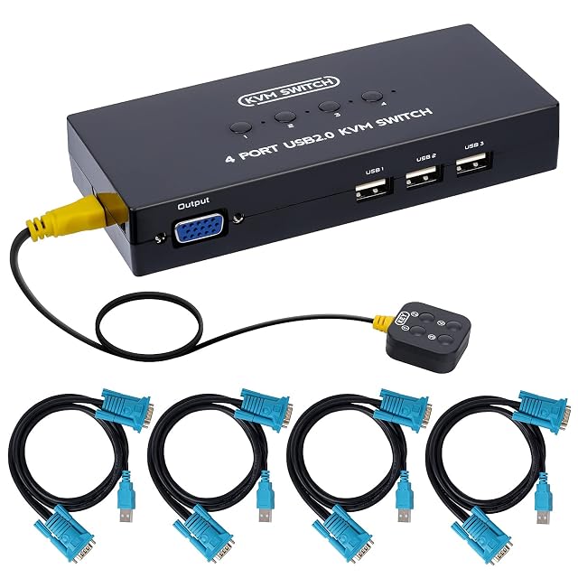 Conmutador KVM VGA DGODRT KS204V de cuatro puertos con mando de sobremesa por cable y cuatro cables combinados