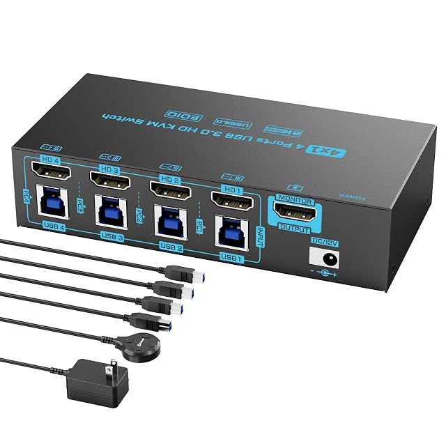 Conmutador KVM HDMI DXchip ZX-KVM8401B002 de cuatro puertos con cuatro tomas USB 3.0 y un mando con cable