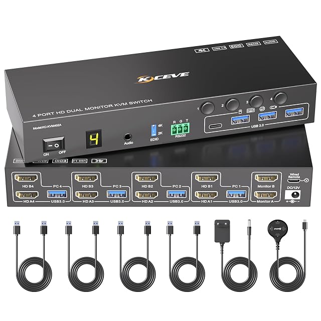 Conmutador KVM HDMI MLEEDA de cuatro puertos para dos monitores, con cuatro tomas USB 3.0 y un mando con cable