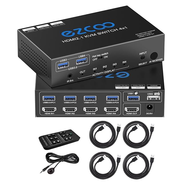 Conmutador KVM HDMI ROFAVEZCO EZ-SW41H21-KVMU3P de cuatro puertos con mando por infrarrojos y cuatro cables USB 3.0