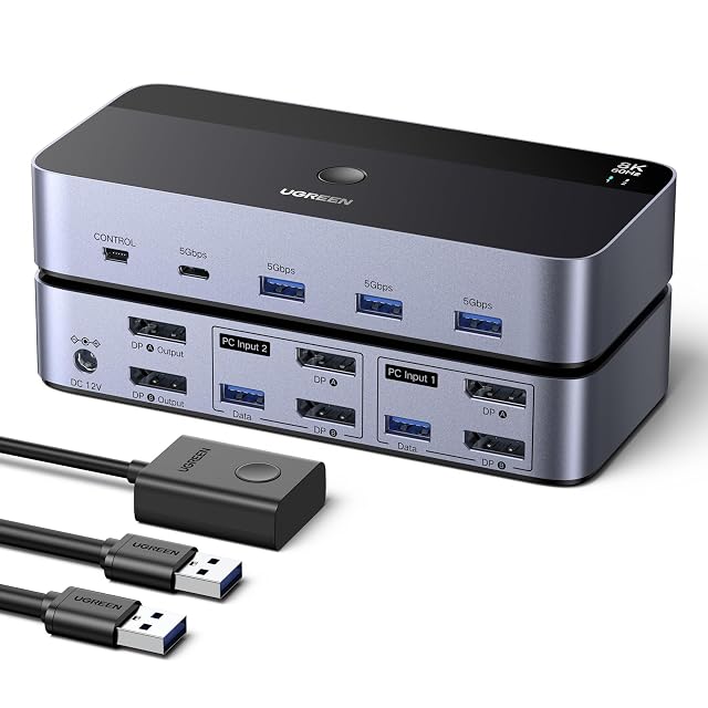 Conmutador KVM DisplayPort UGREEN AK700 de dos puertos con cuatro tomas USB 3.0 y un mando de sobremesa