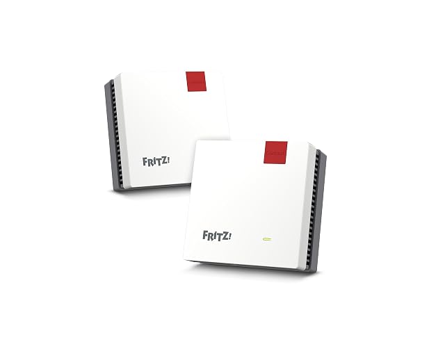 Pareja de unidades mesh FRITZ Mesh Set 1600 pequeñas y blancas una al lado de la otra