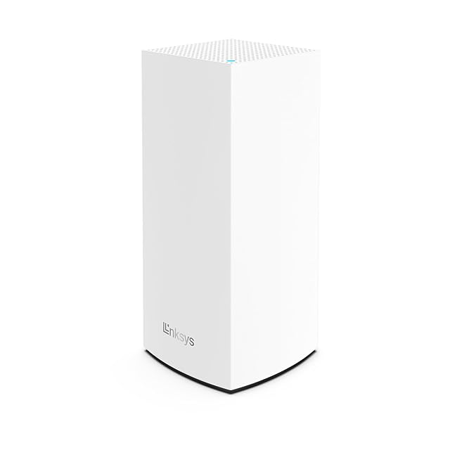 Nodo mesh Linksys Velop MX4200 alto, blanco y de tres bandas visto de frente