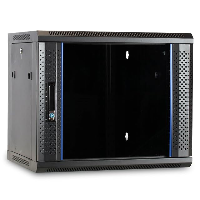 Armario de red de pared DSIT negro de 19 pulgadas y nueve unidades con puerta de cristal