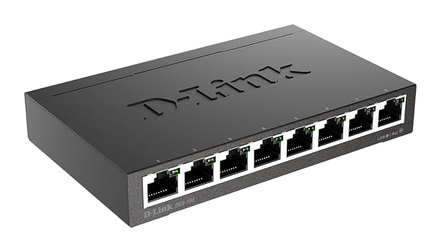 Switch de red gigabit D-Link DGS-108 de ocho puertos en carcasa metálica negra