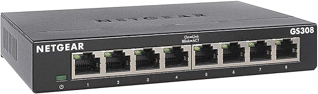 Switch de red gigabit NETGEAR GS308 de ocho puertos en carcasa metálica con interruptor de encendido