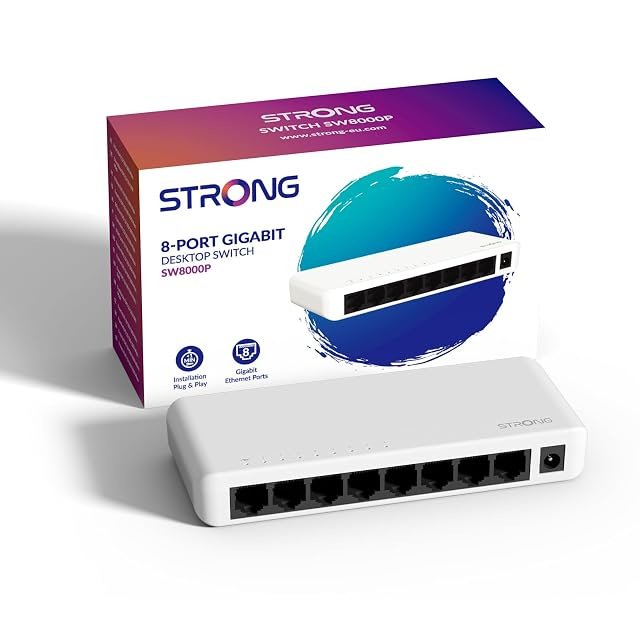 Switch de red gigabit STRONG SW8000P de ocho puertos en carcasa compacta de plástico