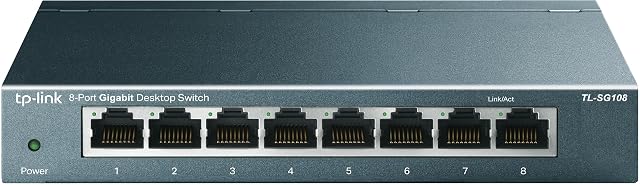 Switch de red gigabit TP-Link TL-SG108 de ocho puertos en carcasa metálica de color azul metalizado