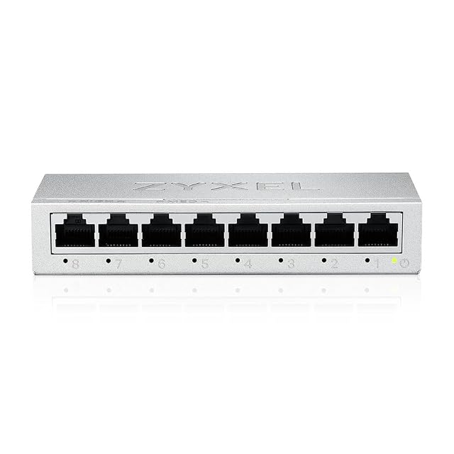 Switch de red gigabit ZYXEL GS-108BV5 de ocho puertos en carcasa metálica con ocho tomas RJ45