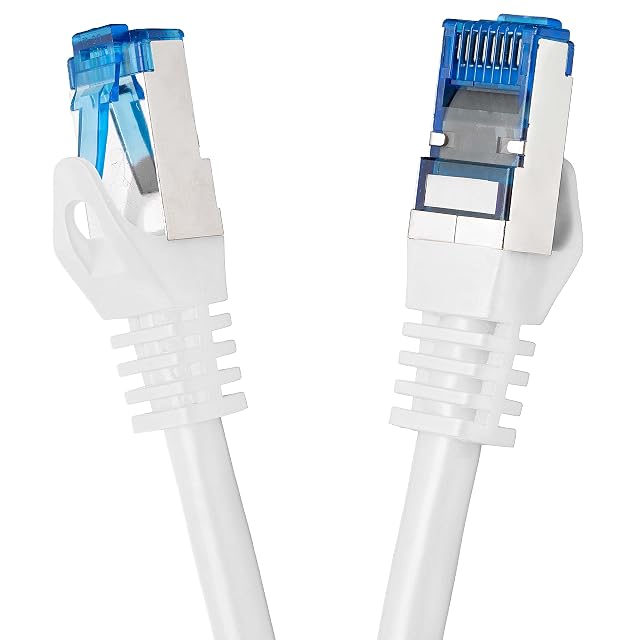 Latiguillo BIGtec blanco Cat 7 de 10 m con conectores RJ45 apantallados azules y capuchones moldeados
