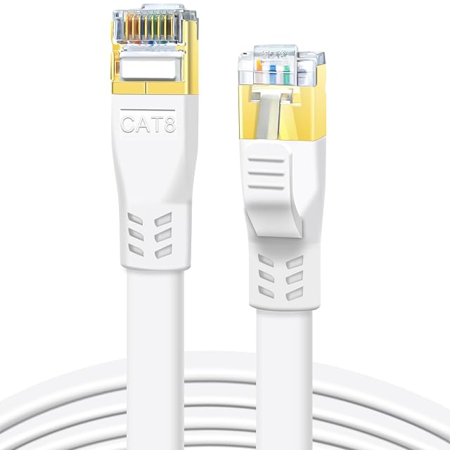 Latiguillo DDMALL plano blanco Cat 8 de 10 m con conectores RJ45 apantallados antienganche
