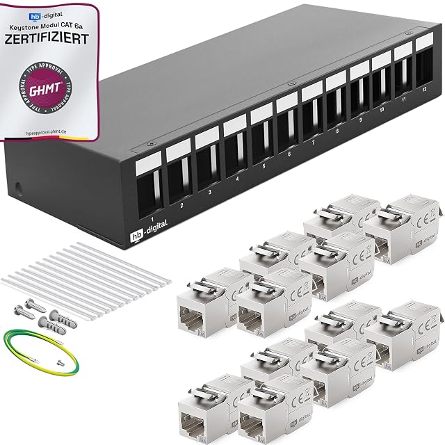 Panel de parcheo keystone HB-DIGITAL negro de doce puertos con módulos RJ45 Cat 6a montados