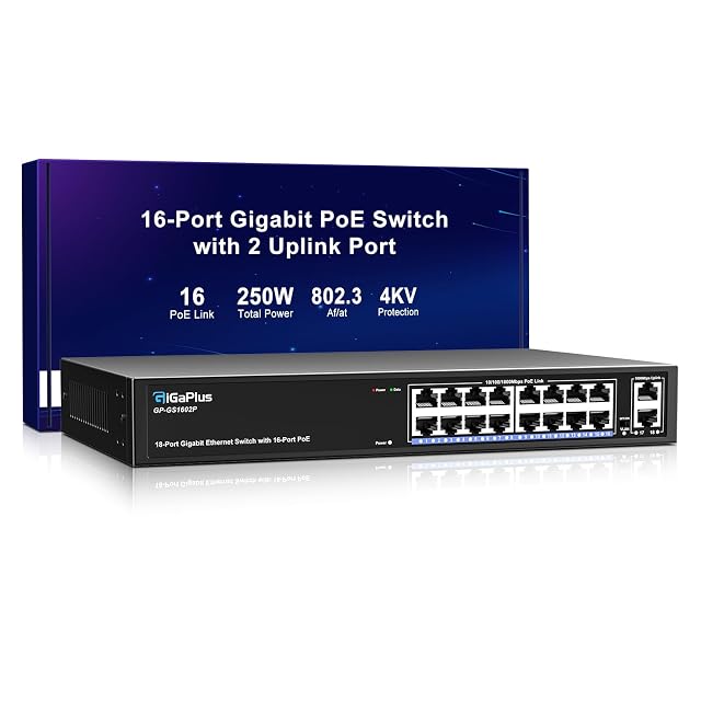 Switch PoE gigabit GigaPlus GP-GS1602P de dieciocho puertos en carcasa metálica, con dieciséis tomas alimentadas y dos enlaces ascendentes