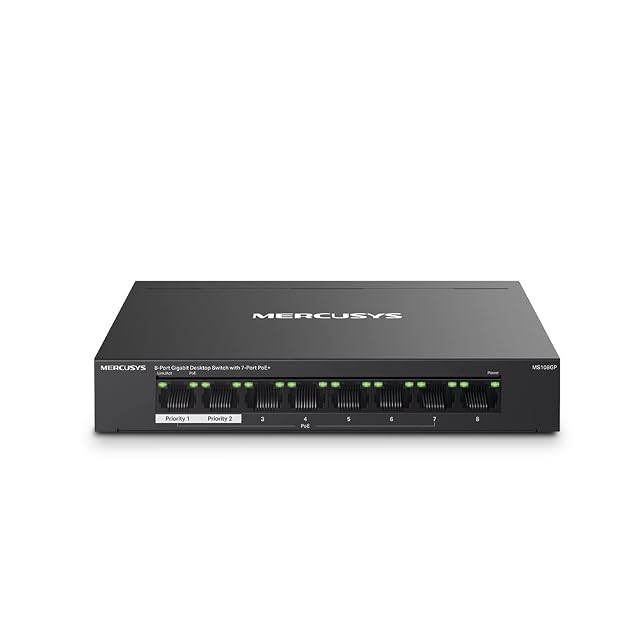 Switch PoE gigabit MERCUSYS MS108GP de ocho puertos en carcasa metálica, con siete tomas alimentadas