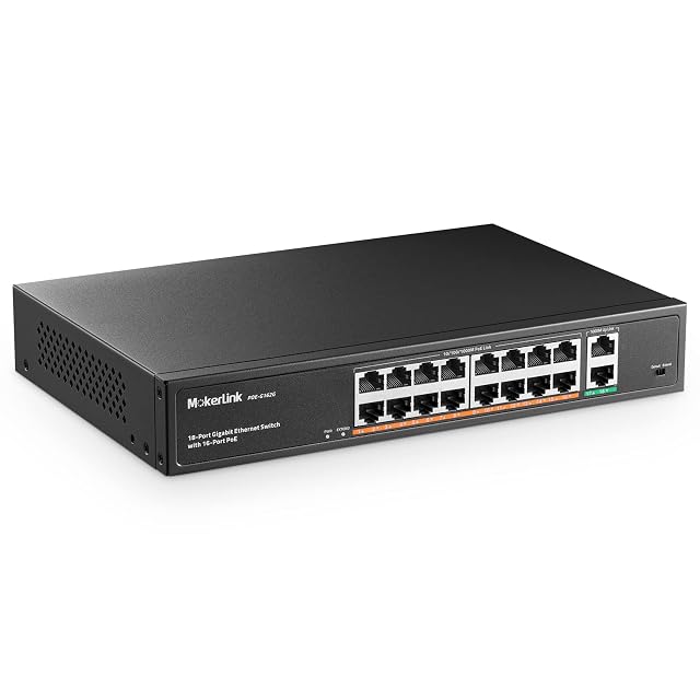 Switch PoE gigabit MokerLink POE-G162G de dieciocho puertos en carcasa metálica de rack, con dieciséis tomas alimentadas