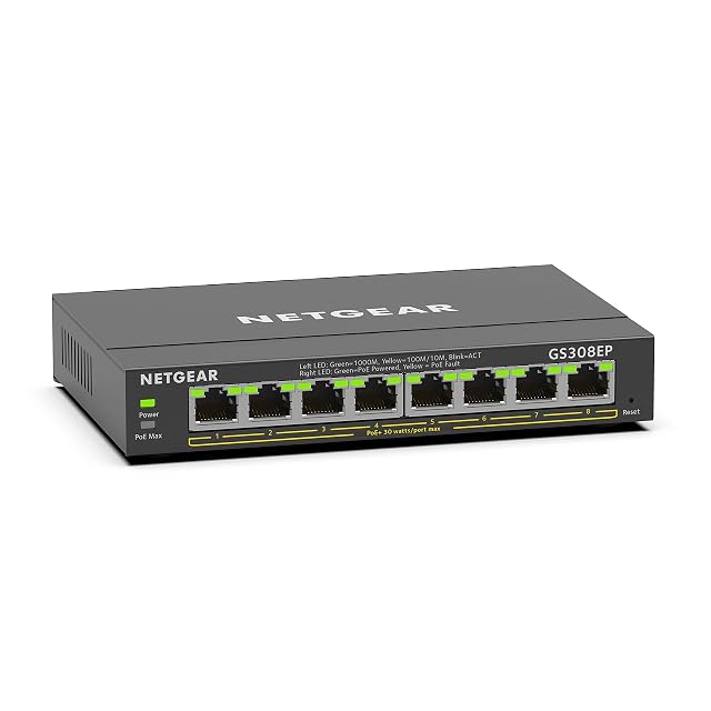 Switch PoE gigabit NETGEAR GS308EP de ocho puertos en carcasa metálica sin ventilador
