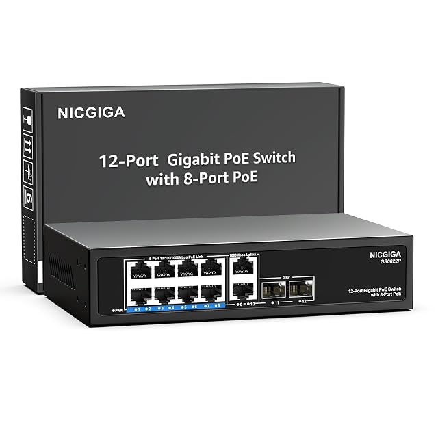 Switch PoE gigabit NICGIGA GS0822P de doce puertos en carcasa metálica, con ocho tomas alimentadas, dos enlaces ascendentes y dos jaulas SFP