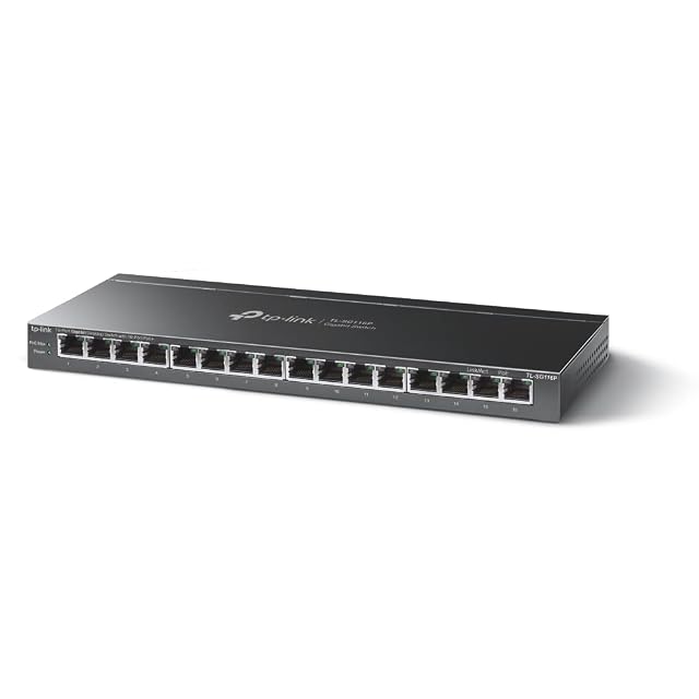 Switch PoE gigabit TP-Link TL-SG116P de dieciséis puertos en carcasa metálica negra sin ventilador