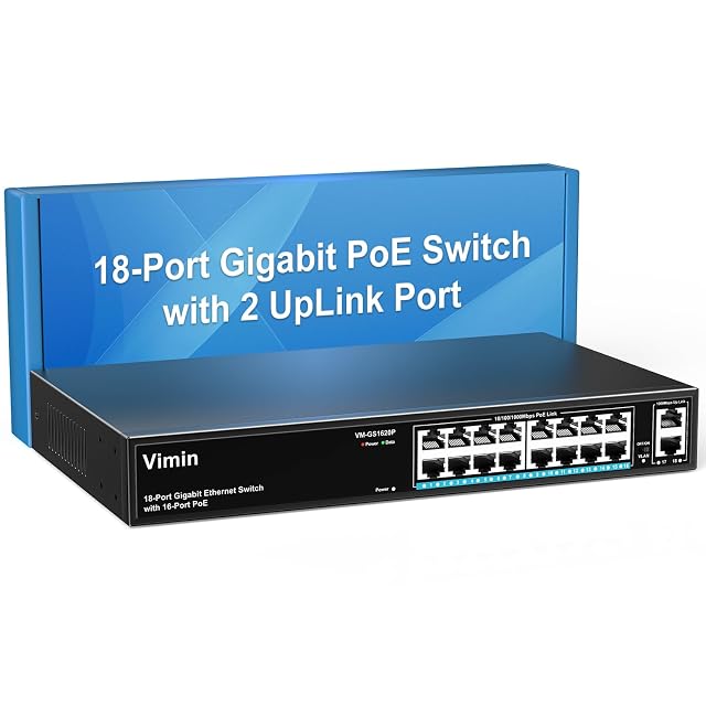 Switch PoE gigabit VIMIN VM-GS1620P-EU de dieciocho puertos en carcasa metálica, con dieciséis tomas alimentadas y dos enlaces ascendentes
