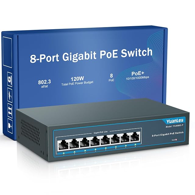 Switch PoE gigabit YuanLey YS2080G-P de ocho puertos en carcasa metálica con escuadras de montaje
