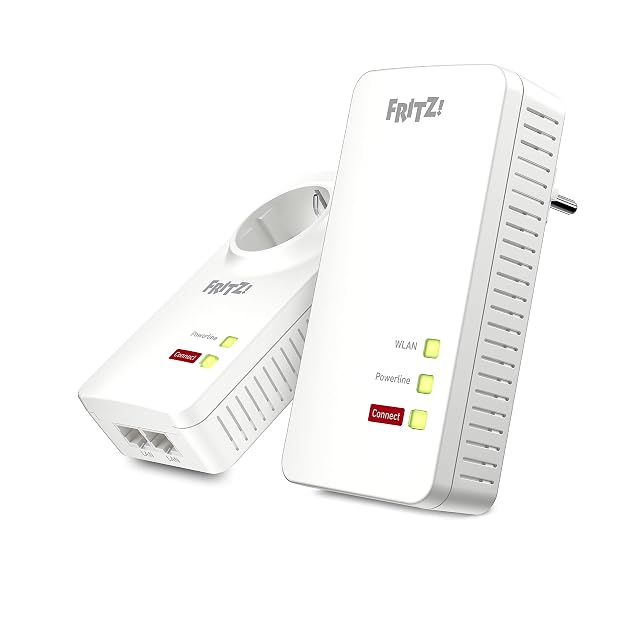 Kit FRITZ!Powerline 1260 WLAN con un adaptador powerline inalámbrico y un adaptador por cable