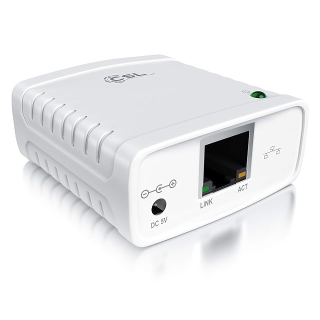 Servidor de impresión LAN CSL con una toma de red RJ45 y una toma USB para la impresora