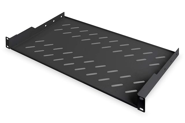 Bandeja de rack DIGITUS negra perforada de 19 pulgadas 1U con pestañas de montaje frontales