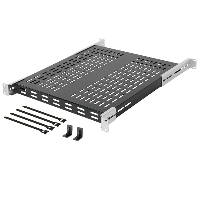 Bandeja de rack de cuatro postes Tecmojo negra perforada de 19 pulgadas 1U con escuadras traseras ajustables