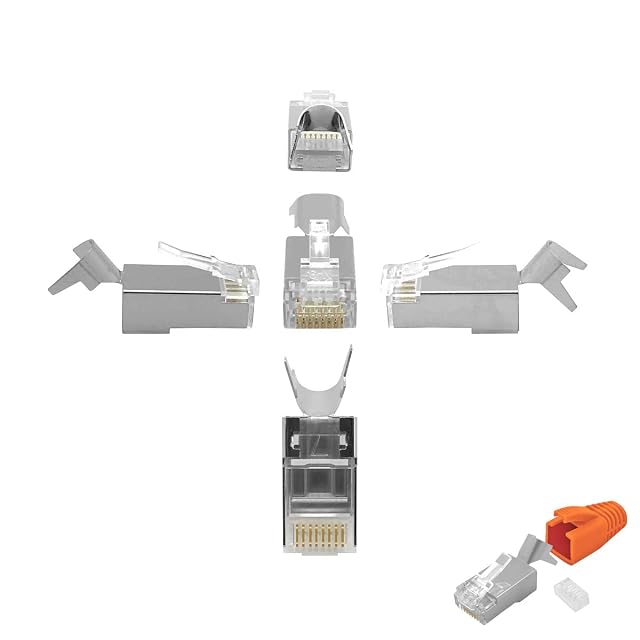 Conector RJ45 apantallado de crimpar ARLI con alivio de tensión metálico, guía de inserción y capuchón