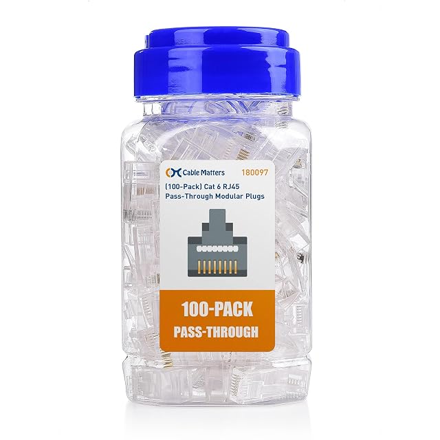 Conectores RJ45 pasantes Cat 6 Cable Matters en un bote con tapa de rosca