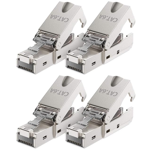Conector RJ45 Cat 6a apantallado deleyCON con capuchón de alivio de tensión, uno de cuatro