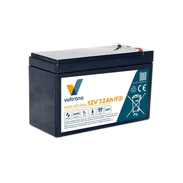 Batería de recambio para SAI Voltrana de 12 V y 7,2 Ah en una caja negra sellada