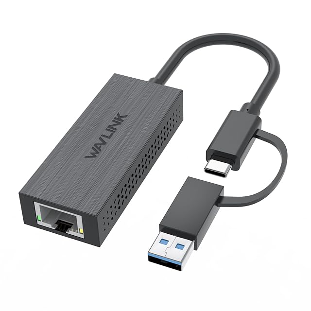 Adaptador LAN USB 2.5G WAVLINK con conectores USB Type-A y Type-C y toma RJ45