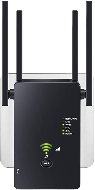 Repetidor inalámbrico de doble banda Tesref blanco con cuatro antenas externas levantadas
