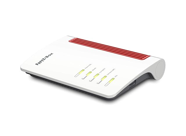 Router DSL FRITZ!Box 7530 AX rojo y blanco apoyado en horizontal