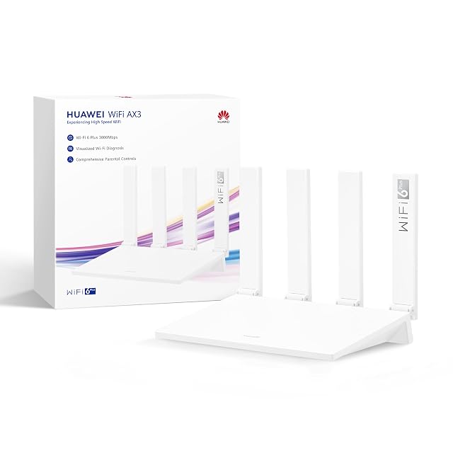 Router HUAWEI WiFi AX3 New blanco con cuatro antenas externas levantadas